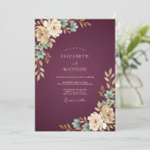 Invitation Mariage Feuilles Dorées Vin (Debout devant)
