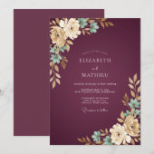 Invitation Mariage Feuilles Dorées Vin (Devant / Derrière)