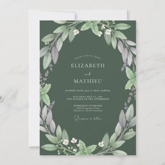 Invitation Mariage Feuilles Douces Olive Mauve (Devant)