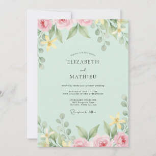 Invitation Mariage Feuilles Pâle Blush Menthe