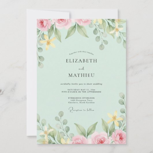 Invitation Mariage Feuilles Pâle Blush Menthe (Devant)