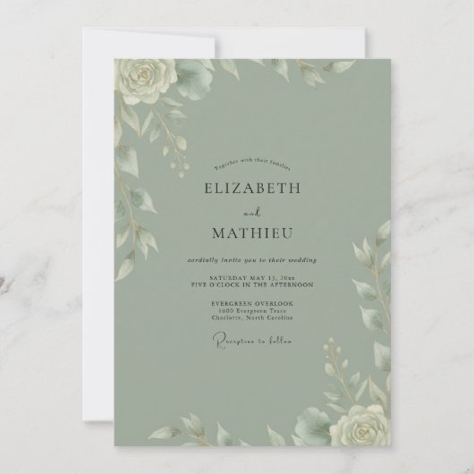 Invitation Mariage Feuilles Peintes Sauge (Devant)