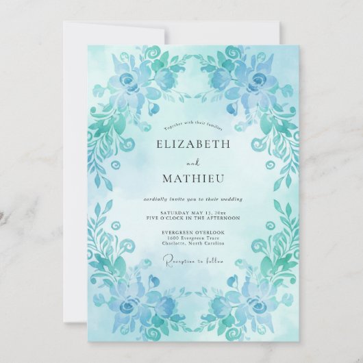 Invitation Mariage Feuilles Peintes Turquoise (Devant)