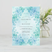 Invitation Mariage Feuilles Peintes Turquoise (Debout devant)