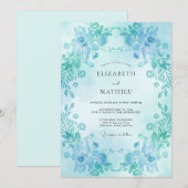 Invitation Mariage Feuilles Peintes Turquoise (Devant / Derrière)
