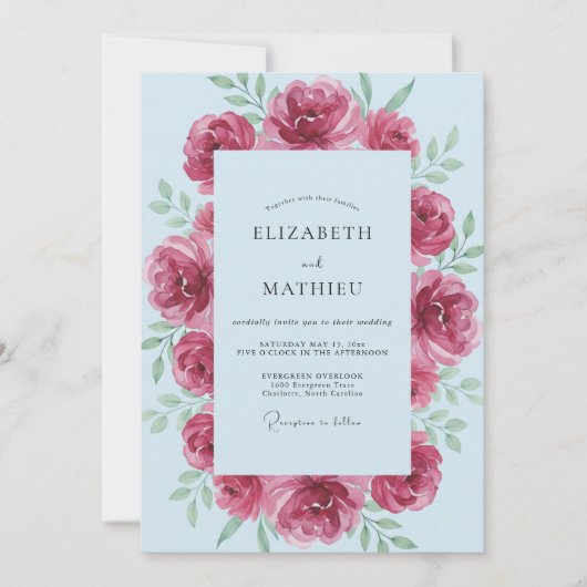 Invitation Mariage Feuilles Poudrées Magenta (Devant)