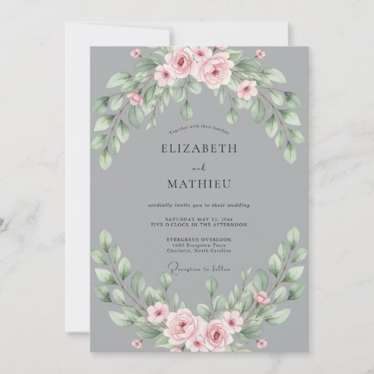 Invitation Mariage Feuilles Touche de Gris Rose (Devant)