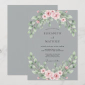 Invitation Mariage Feuilles Touche de Gris Rose (Devant / Derrière)