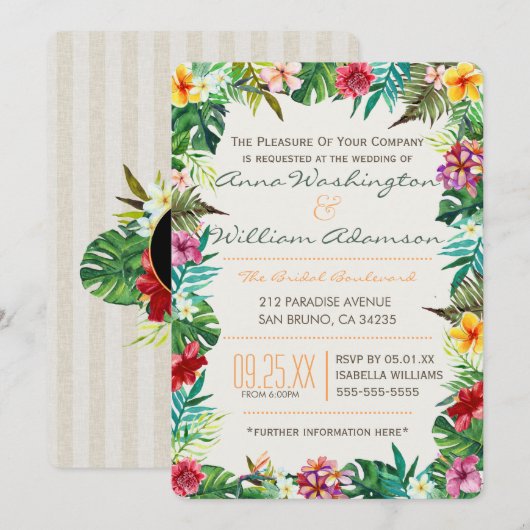 Invitation Mariage| Feuilles tropicaux, Flora & Ananas fantai (Devant / Derrière)