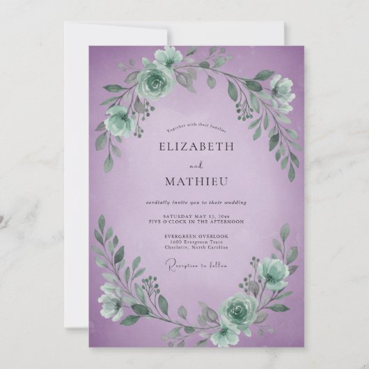Invitation Mariage Feuilles Violettes Mousse de Mer (Devant)