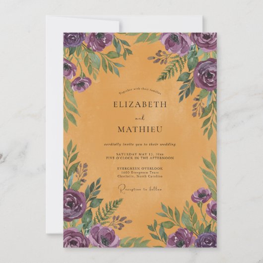 Invitation Mariage Feuilles Violettes Ocres (Devant)