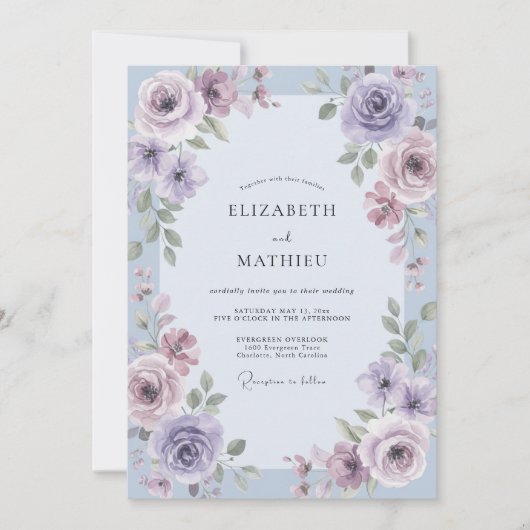 Invitation Mariage Feuilles Violettes Pervenche (Devant)