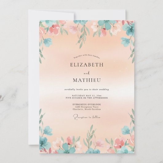 Invitation Mariage Feuilleux Aqua Abricot (Devant)