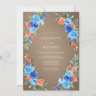 Invitation Mariage feuilleux azur corail