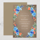 Invitation Mariage feuilleux azur corail (Devant / Derrière)