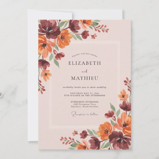 Invitation Mariage feuilleux bordeaux rouille (Devant)