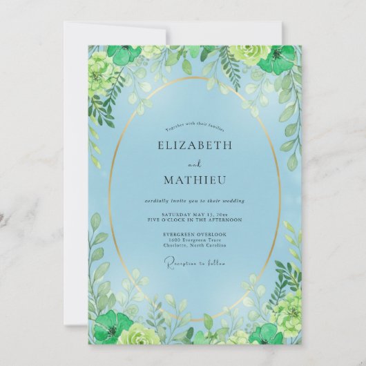Invitation Mariage feuilleux chartreuse azur (Devant)