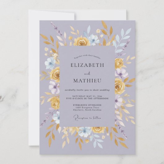 Invitation Mariage Feuilleux Pervenche Or Chaud (Devant)