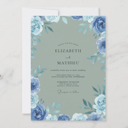 Invitation Mariage Feuilleux Pervenche Sage Atténué (Devant)