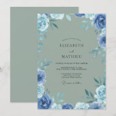 Invitation Mariage Feuilleux Pervenche Sage Atténué (Devant / Derrière)