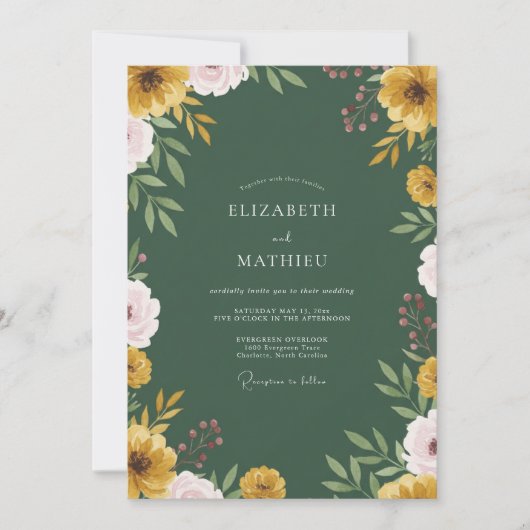 Invitation Mariage feuilleux rose moutarde (Devant)