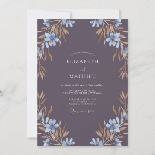 Invitation Mariage feuilleux violet ardoise (Devant)