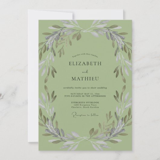 Invitation Mariage Feuillu à la Feuille d'Olive Pistache (Devant)