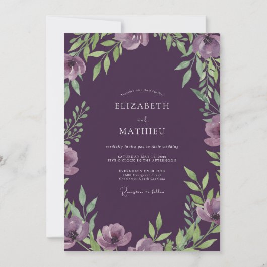 Invitation Mariage Feuillu Améthyste au Plumage Côtier (Devant)