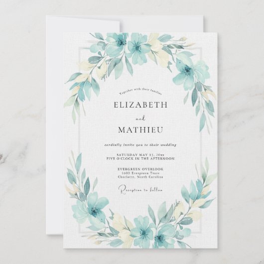 Invitation Mariage Feuillu Aqua Cyan (Devant)
