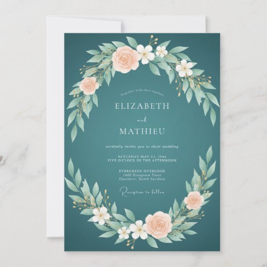 Invitation Mariage Feuillu Aqua Foncé (Devant)