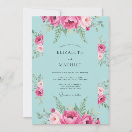 Invitation Mariage Feuillu Aqua Magenta (Devant)