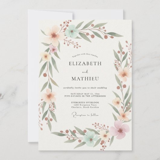 Invitation Mariage Feuillu Aqua Pêche (Devant)