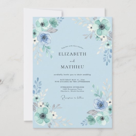 Invitation Mariage Feuillu Aqua Poudré (Devant)