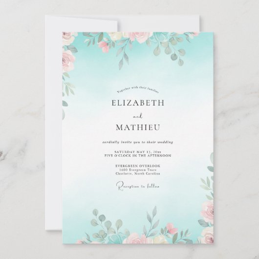 Invitation Mariage Feuillu Aqua Rose Pâle (Devant)