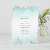 Invitation Mariage Feuillu Aqua Rose Pâle (Debout devant)
