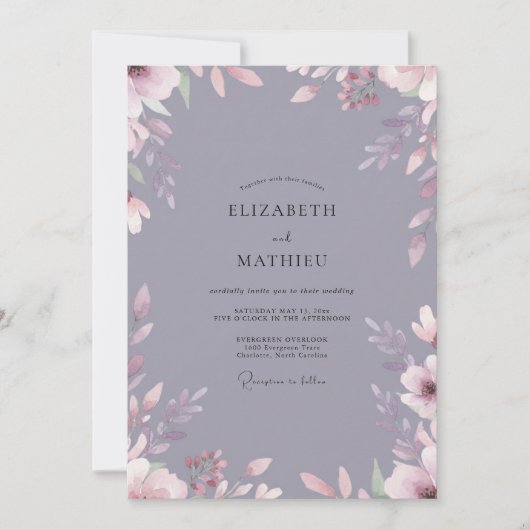 Invitation Mariage Feuillu Ardoise Mauve (Devant)