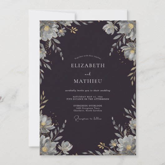 Invitation Mariage Feuillu Argent Charbon (Devant)