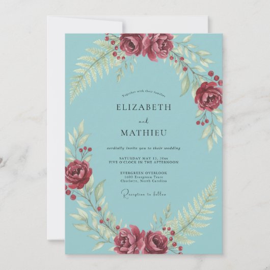 Invitation Mariage Feuillu aux Baies Aqua (Devant)