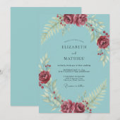 Invitation Mariage Feuillu aux Baies Aqua (Devant / Derrière)