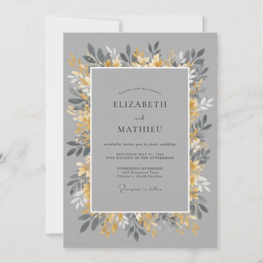 Invitation Mariage Feuillu aux Tons de Moutarde Grise (Devant)