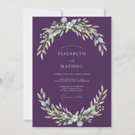 Invitation Mariage Feuillu aux Tons de Prune (Devant)