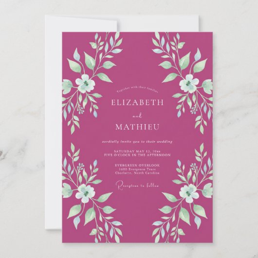 Invitation Mariage Feuillu aux Tons Magenta et Menthe (Devant)