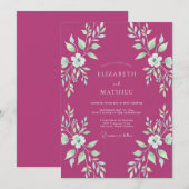 Invitation Mariage Feuillu aux Tons Magenta et Menthe (Devant / Derrière)