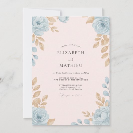 Invitation Mariage Feuillu Azur Champagne (Devant)