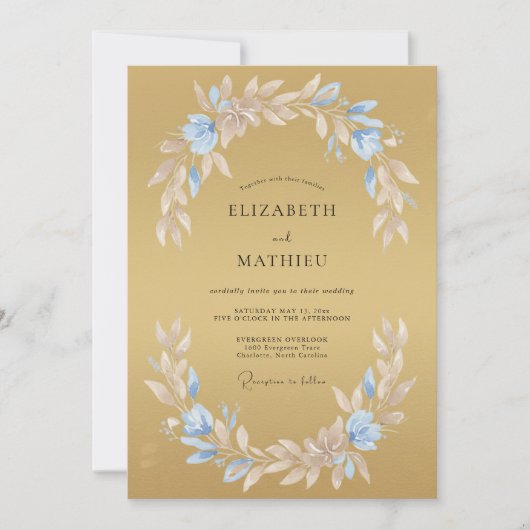 Invitation Mariage Feuillu Azur Doré (Devant)