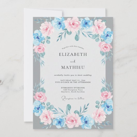 Invitation Mariage Feuillu Azur Doux Rose (Devant)