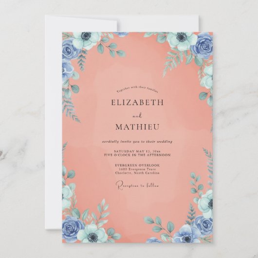 Invitation Mariage Feuillu Azur et Pêche (Devant)