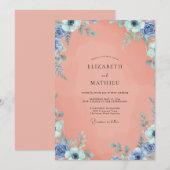 Invitation Mariage Feuillu Azur et Pêche (Devant / Derrière)