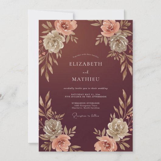 Invitation Mariage Feuillu Beige Bordeaux (Devant)