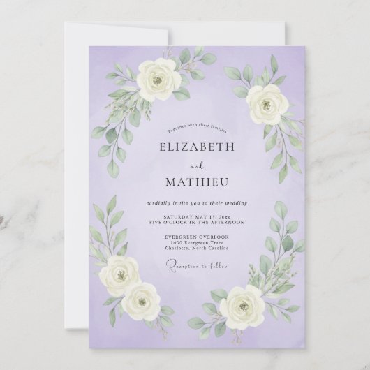 Invitation Mariage Feuillu Blanc et Lavande (Devant)
